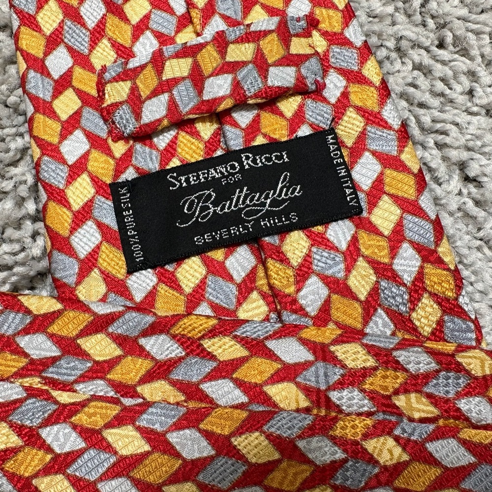 STEFANO RICCI Tie 3.75 x 59" Silk Necktie Geometric Red Orange Blue Yellow Italy - Picture 5 of 9